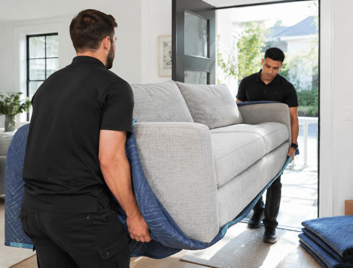 Movers carefully carrying a sofa with protective blankets